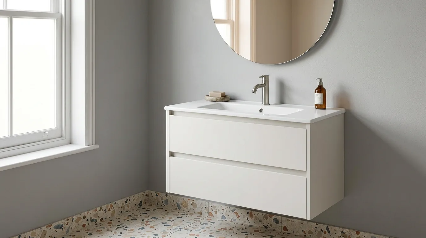 Wall-hung basin on a white two-drawer vanity unit