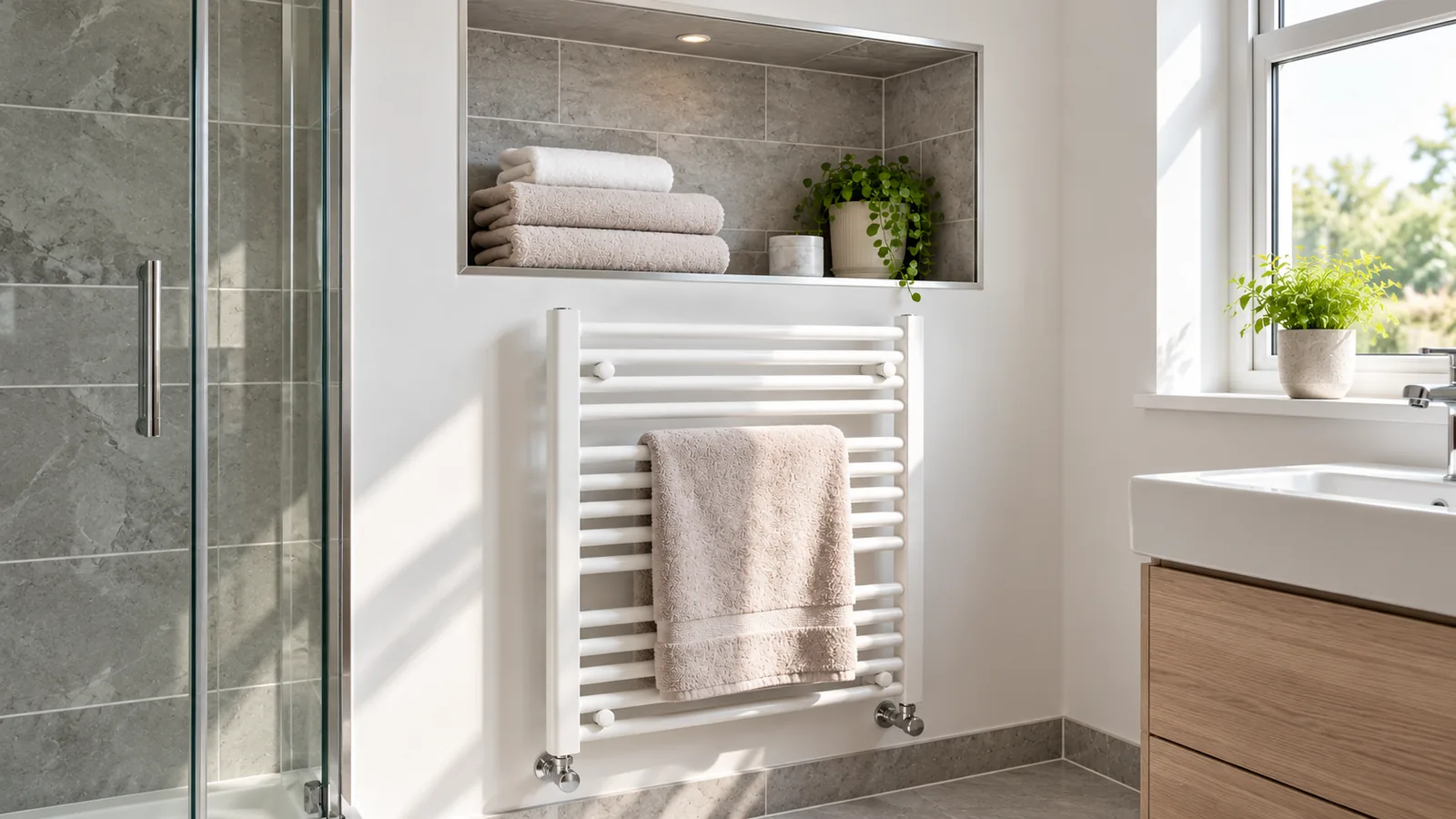 Recessed shelf and heated towel rail on a panelled wall