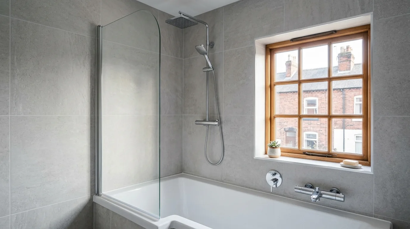 Corner of a new family bathroom with bath and glass screen