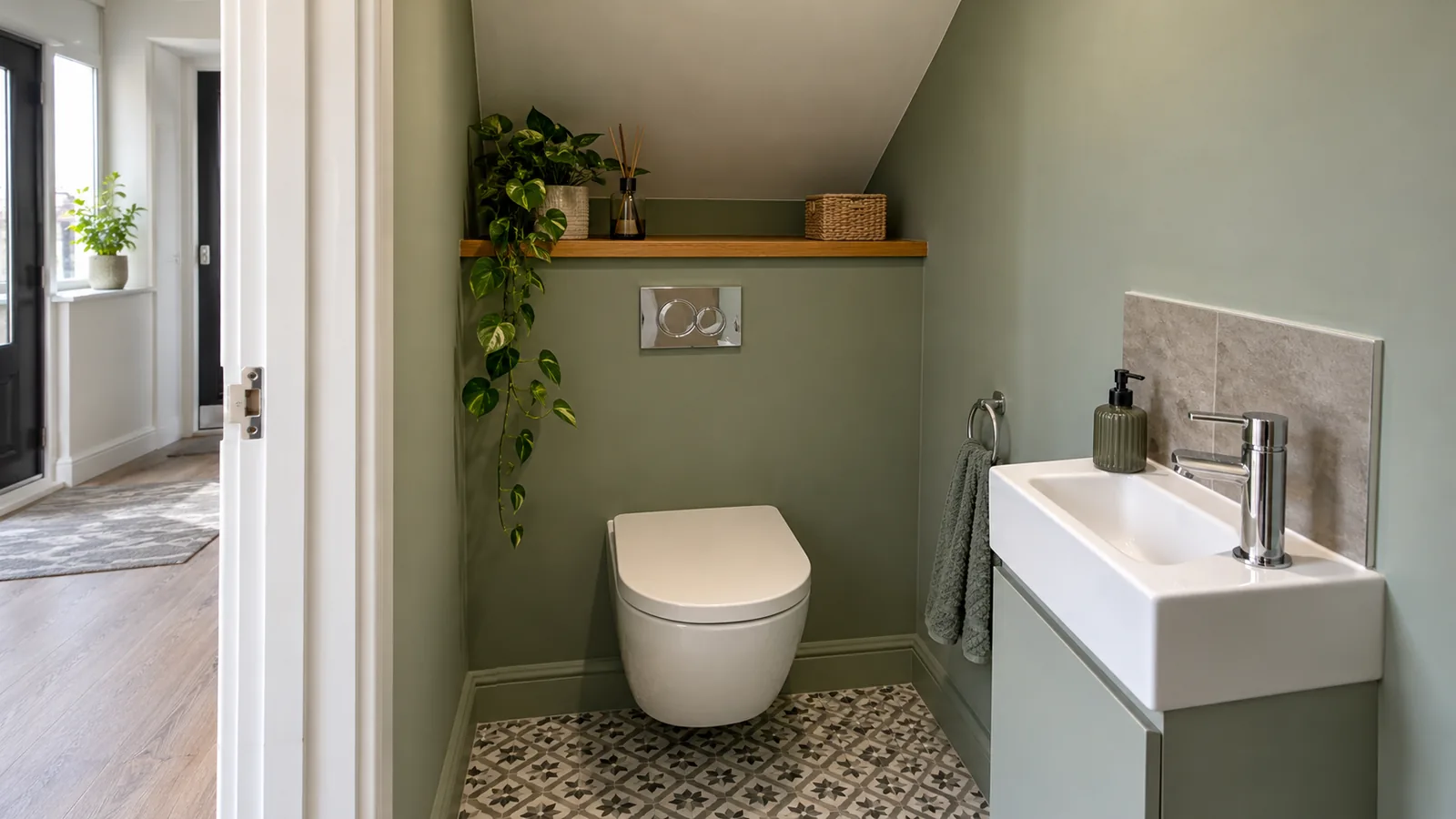 Small understairs cloakroom with toilet and narrow basin